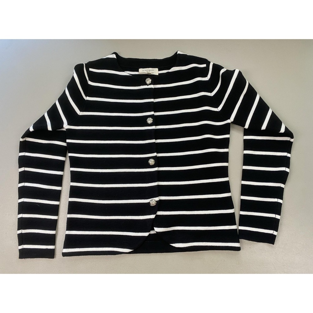 LA VILA MILANO Cardigan Sweater Womens XS Black White Stripe Academia Old Money